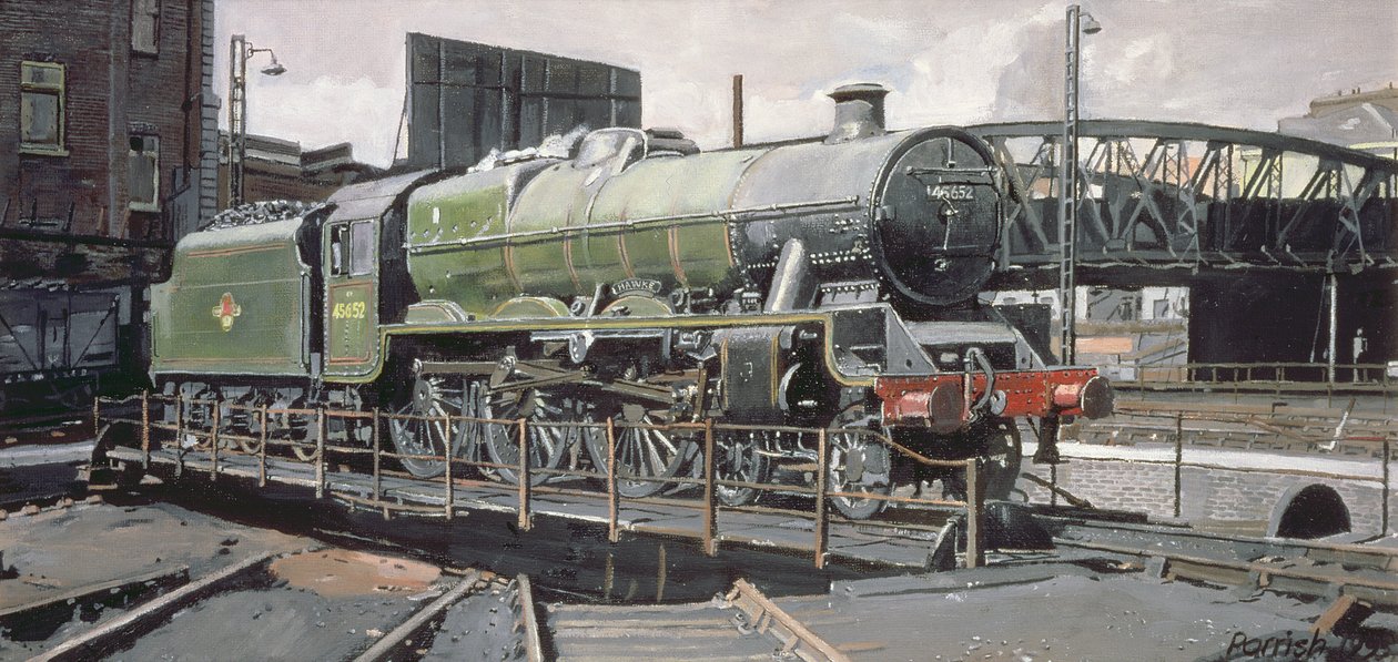 Jubilee Turnaround, Lokomotiva Hawke 45652 Jubilee Class na točně Camden, Londýn od Kevin Guild of Railway Artist Parrish