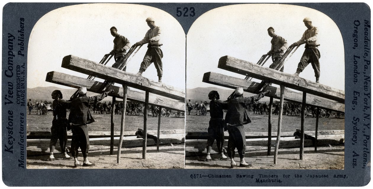 Čínští muži řezali dřevo pro japonskou armádu, Mandžusko, rusko-japonská válka, 1904-1905. od Keystone View Company
