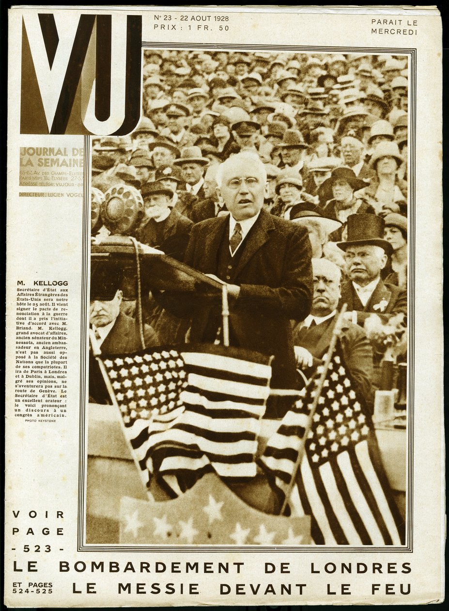 Portrét Franka Billingsa Kellogga (1856-1937), amerického politika, senátora Minnesoty a ministra zahraničí v letech 1925 až 1929 a nositele Nobelovy ceny za mír v roce 1929, během projevu na americkém kongresu. Keystone fotografie, na obálku týdeníku VU od Keystone View Company