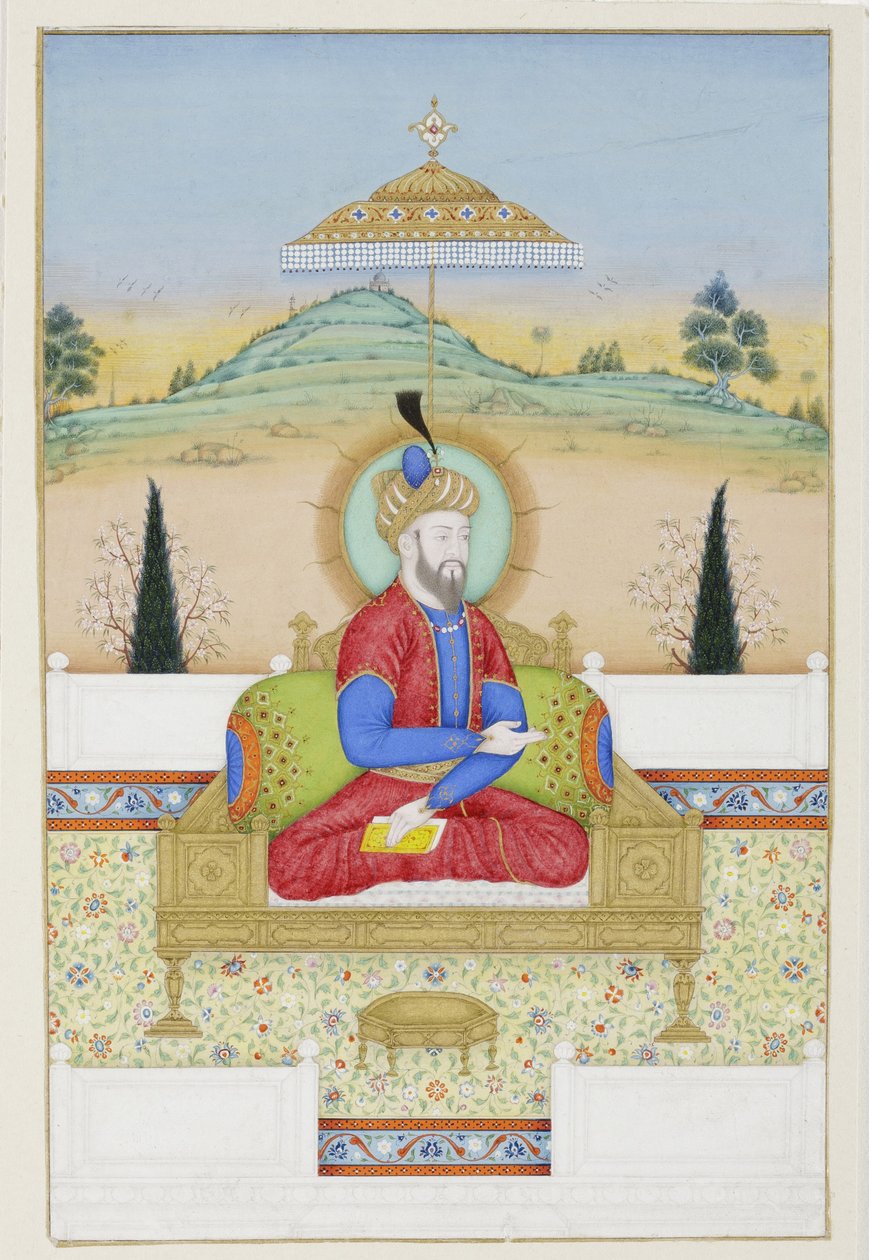Babur na trůně, asi 1720 (neprůhledná čb a zlato na papíře) od Khair Ullah