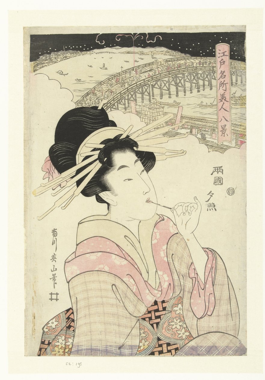 Večerní záře v Rjogoku Ryogoku no sekisho (název na objektu) Osm tváří slavných míst a krás v Edu (název série) Edo meisho bijin hakkei (název série) od Kikugawa Eizan