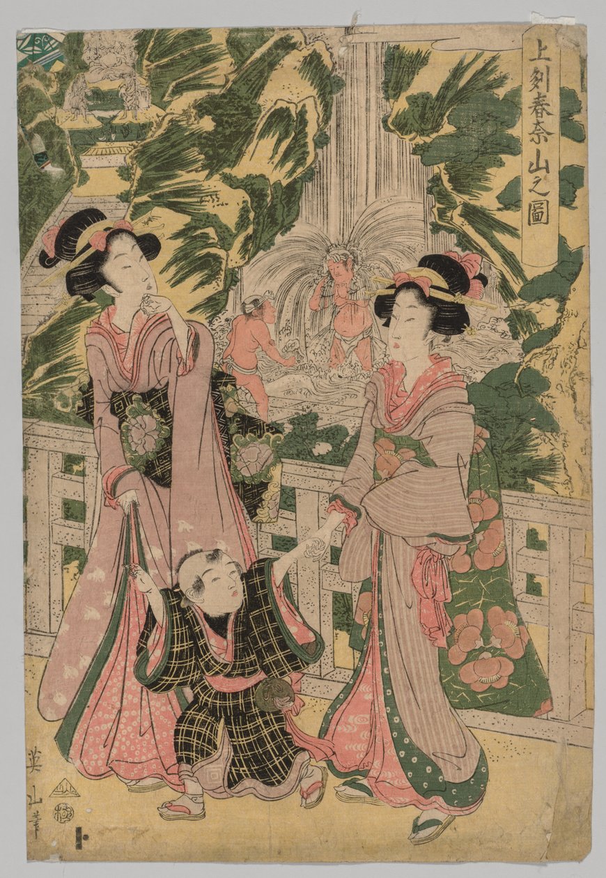 Dvě dívky a dítě na Temple Bridge, 1787-1867. od Kikugawa Eizan