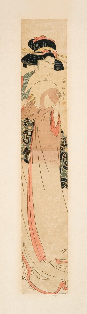 Kráska držící vějíř, asi 1805-10 (dřevoryt) od Kikukawa Eizan