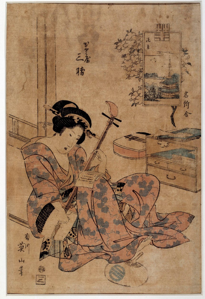 Umění Japonsko: hudebník. Grafiky Eizana Kikugawy (1787-1867) Rennes z 18. století, Musee des Beaux Arts od Kikukawa Eizan