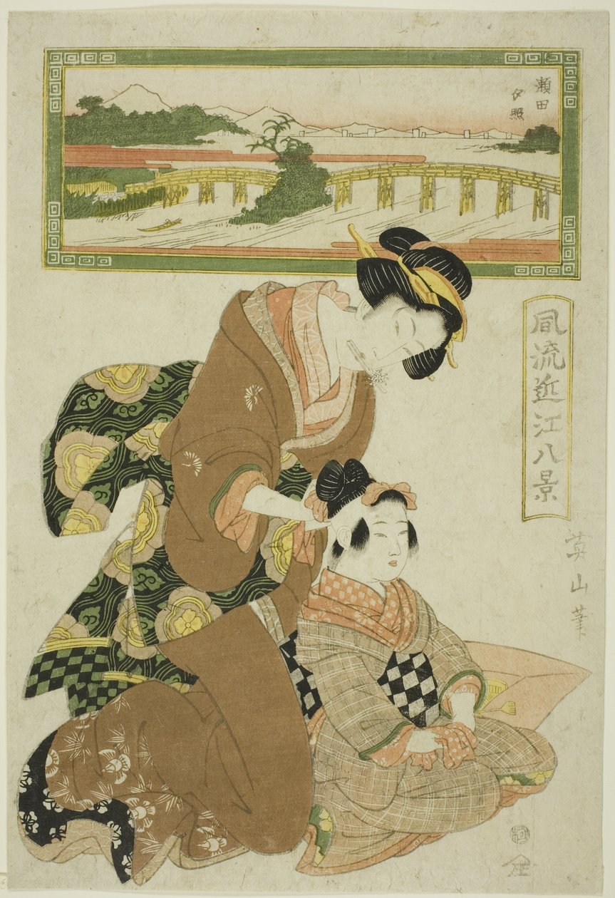 Evening Glow at Seta (Seta sekisho), ze série "Módních osm pohledů na Omi (Furyu Omi hakkei)" od Kikukawa Eizan
