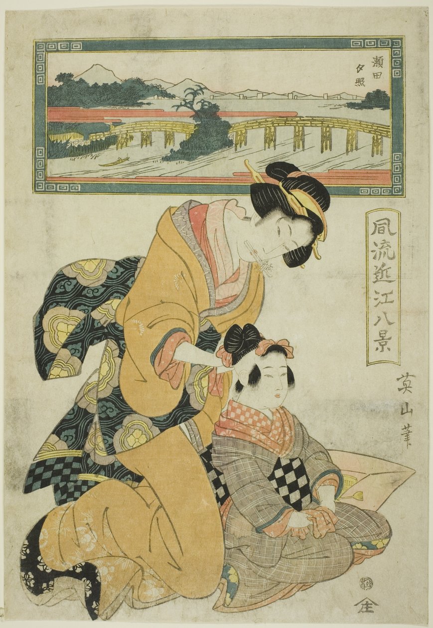 Evening Glow at Seta (Seta sekisho), ze série „Módních osm pohledů na Omi (Furyu Omi hakkei)“ od Kikukawa Eizan