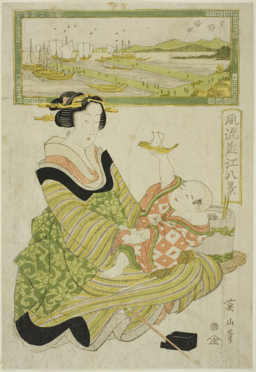 Vracející se plachty na Yabase (Yabase kihan), ze série „Módních osm pohledů na Omi (Furyu Omi hakkei)“ od Kikukawa Eizan