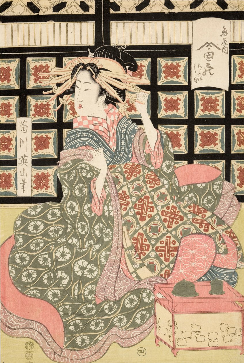 Ukiyo-e Print of Courtesan by Eizan, c.1810 (barevný dřevořez) od Kikukawa Eizan