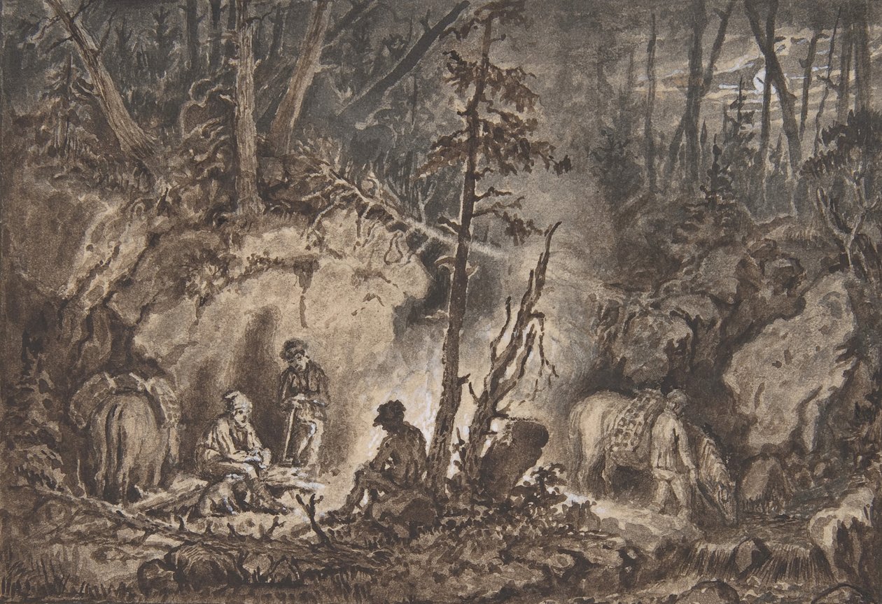 Lovci odpočívající v noci v lese, 1830-60. od Kilian Christoffer Zoll