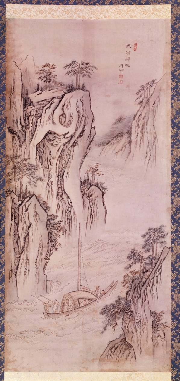 Art coreen: návrat Mu-i. Krajina Coreen s lodí a strmým útesem. Tisk Kim Hong do nebo Danwon (1745-cca 1806). 1760. Sbírka Hyung Pil Chun. od Kim Hong-Do