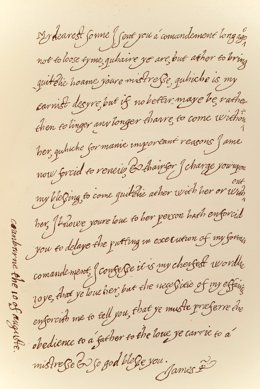 Faksimile dopisu z 10. srpna 1623 od Jakuba I. princi Charlesovi, vytištěno v Manzi Joyant & Co. Paris, 1904 (kolotyp) od King James I