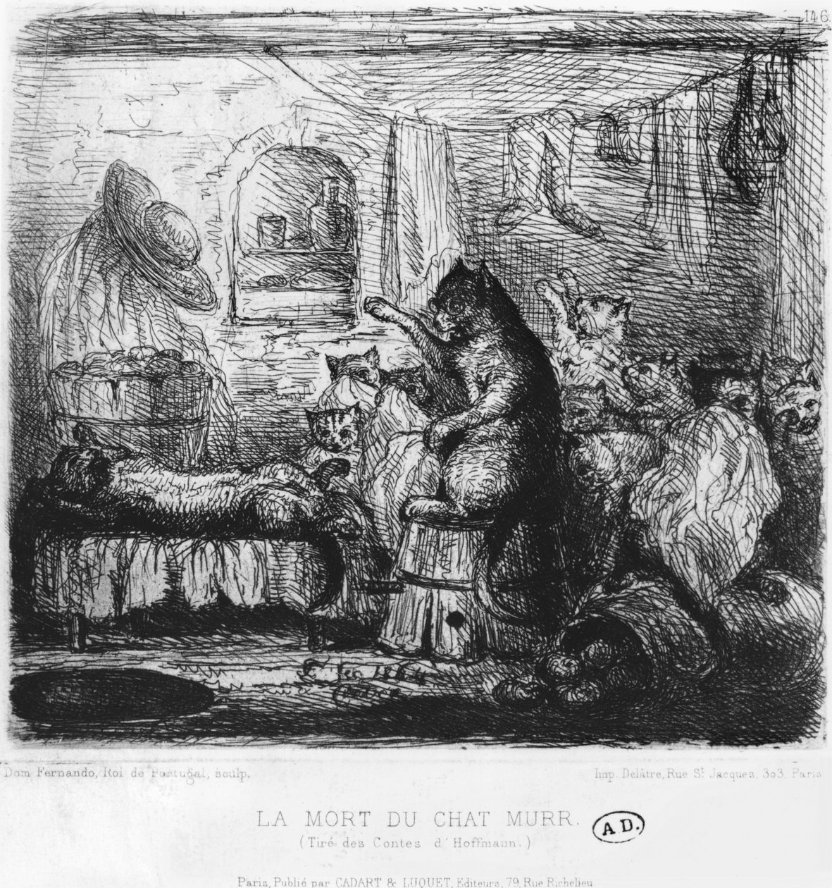Smrt kočky Murr, ilustrace z knihy Die Lebensansichten des Katers Murr od Ernsta Theodora Amadea Hoffmanna (1776-1822) vydané v letech 1820-22 od King of Portugal Fernando II