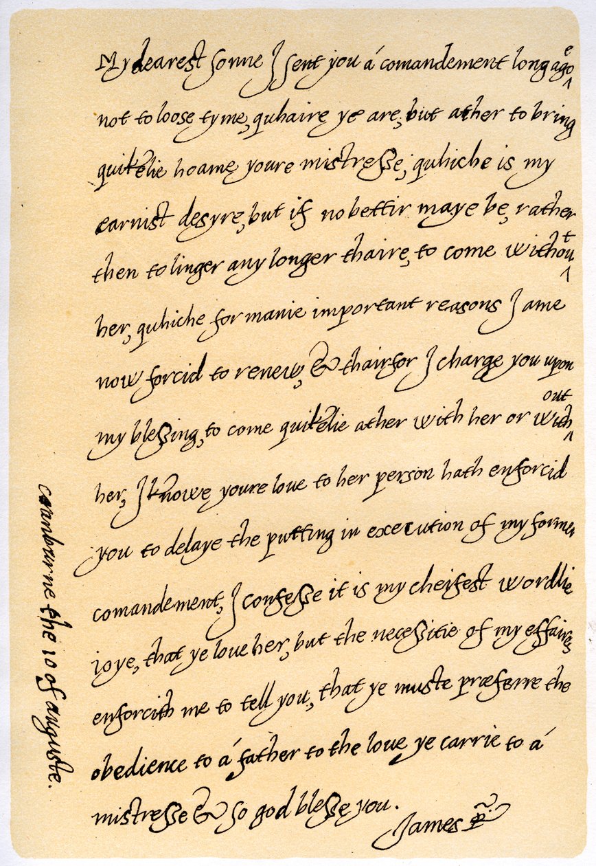 Dopis Jakuba I. jeho synovi Charlesovi, princi z Walesu, 10. srpna 1623. od King James I