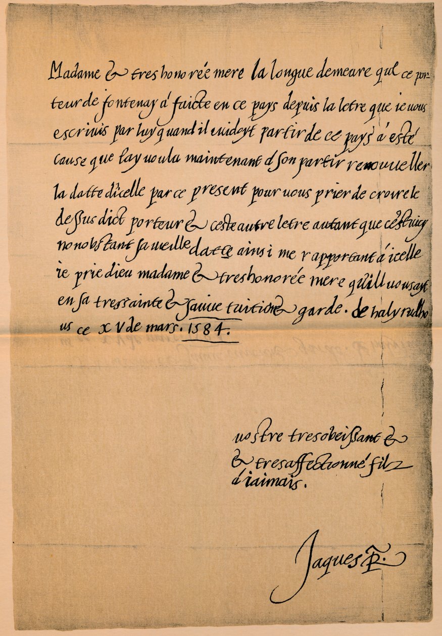 Dopis krále Jakuba VI. 1566-1625 jeho matce, královně Marii 1542-1587, 1584-5 od King James I
