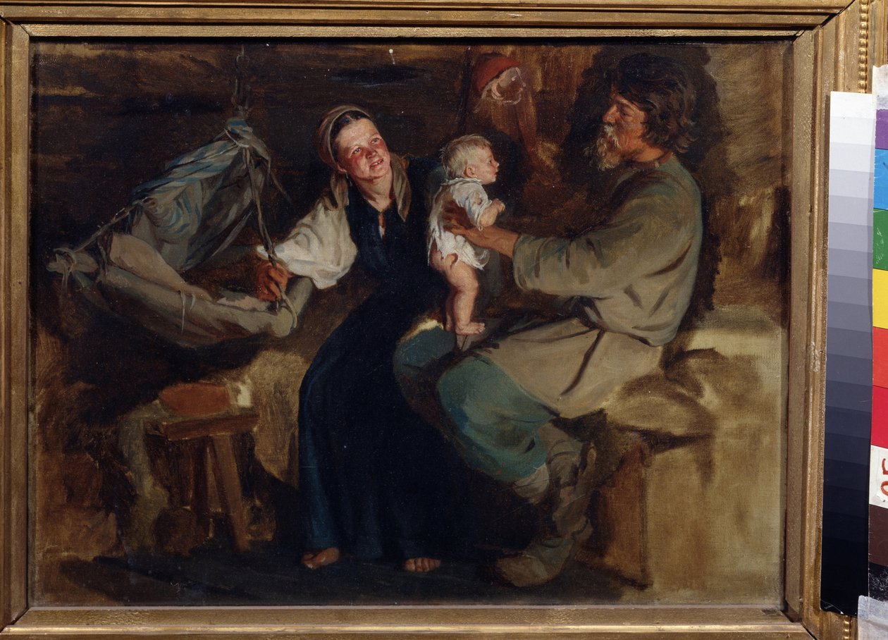 Joie parentale (Parental Joy). Dans un interieur modeste, un couple de paysans, le pere assis, tient son bebe a moitie nu, debout en equilibre sur ses genoux, a leurs cotes, la mere sourit et tient le berceau suspendu. Peinture de Kirill (Karl) Vikentlevic od Kirill Vikentievich Lemoch