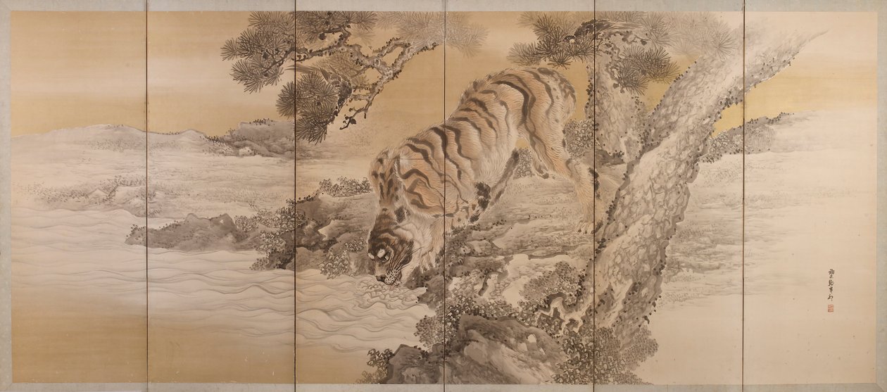Šestinásobná obrazovka zobrazující pijícího tygra, 1749-1838 od Kishi Ganku