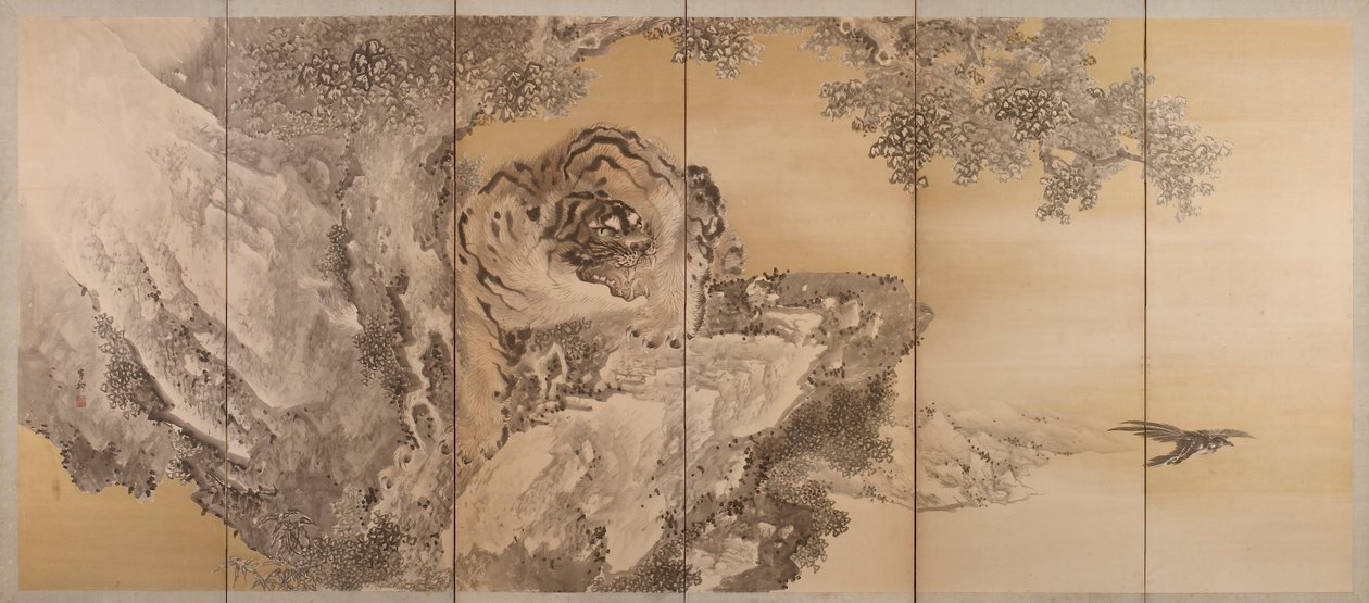 Šestinásobná obrazovka zobrazující řvoucího tygra, 1749-1838 od Kishi Ganku
