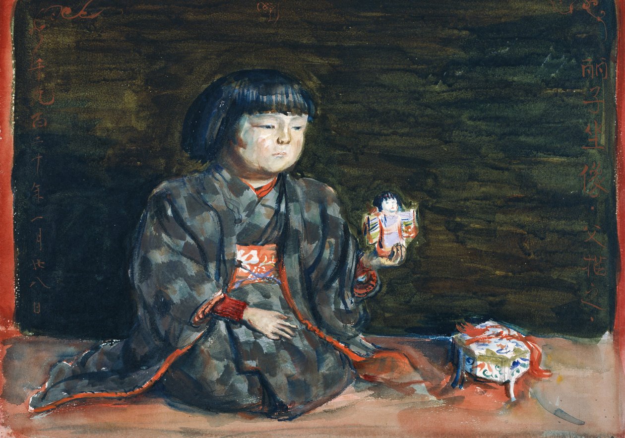 Sedící portrét Reiko s panenkou od Kishida Ryusei