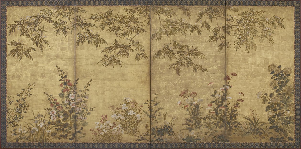 Mimosa, vlčí máky, topolovky a jiné květiny, období Edo, 1630-70 (inkoust, barva a zlato na papíře) od Kitagawa Sosetsu
