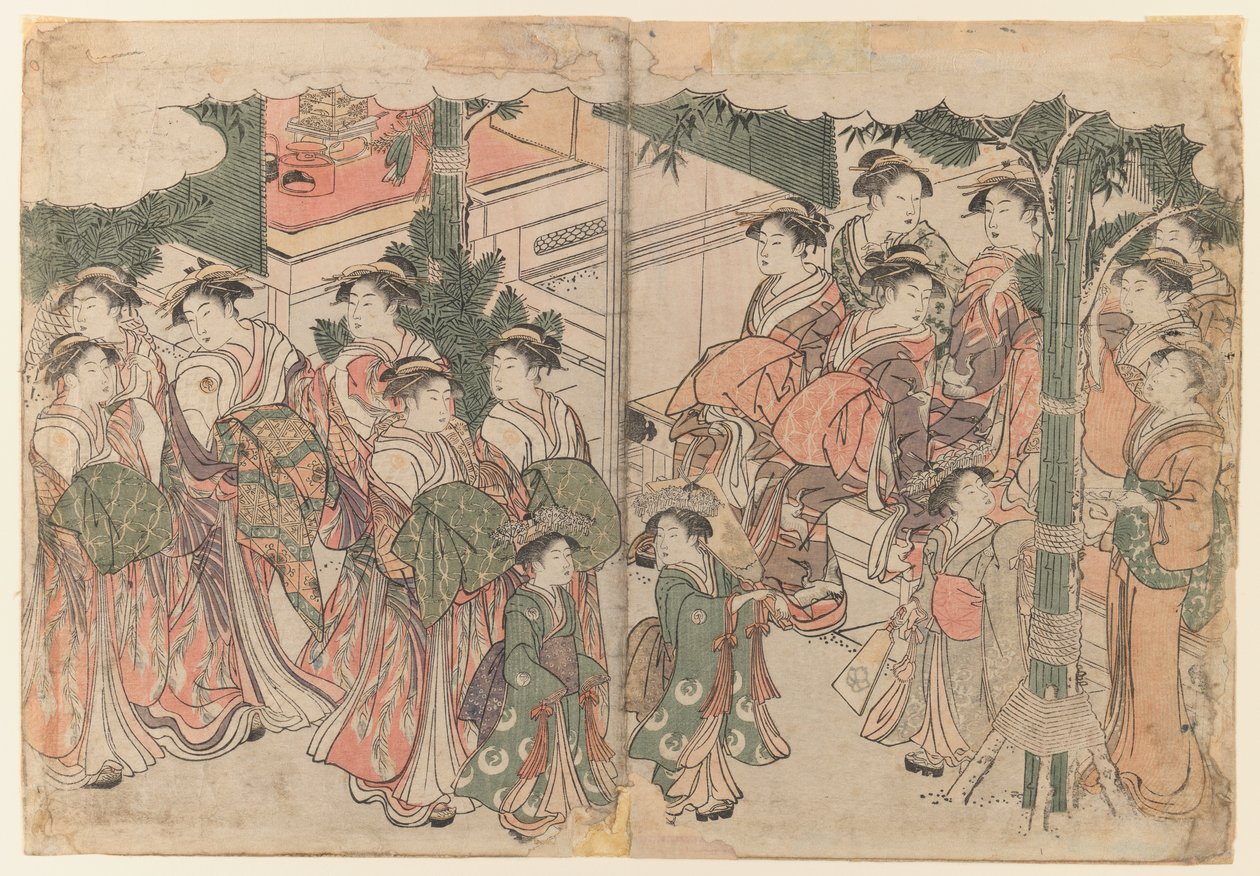 Kurtizány Entourage na novoročním festivalu, c.1785 (diptych) od Kitagawa Utamaro