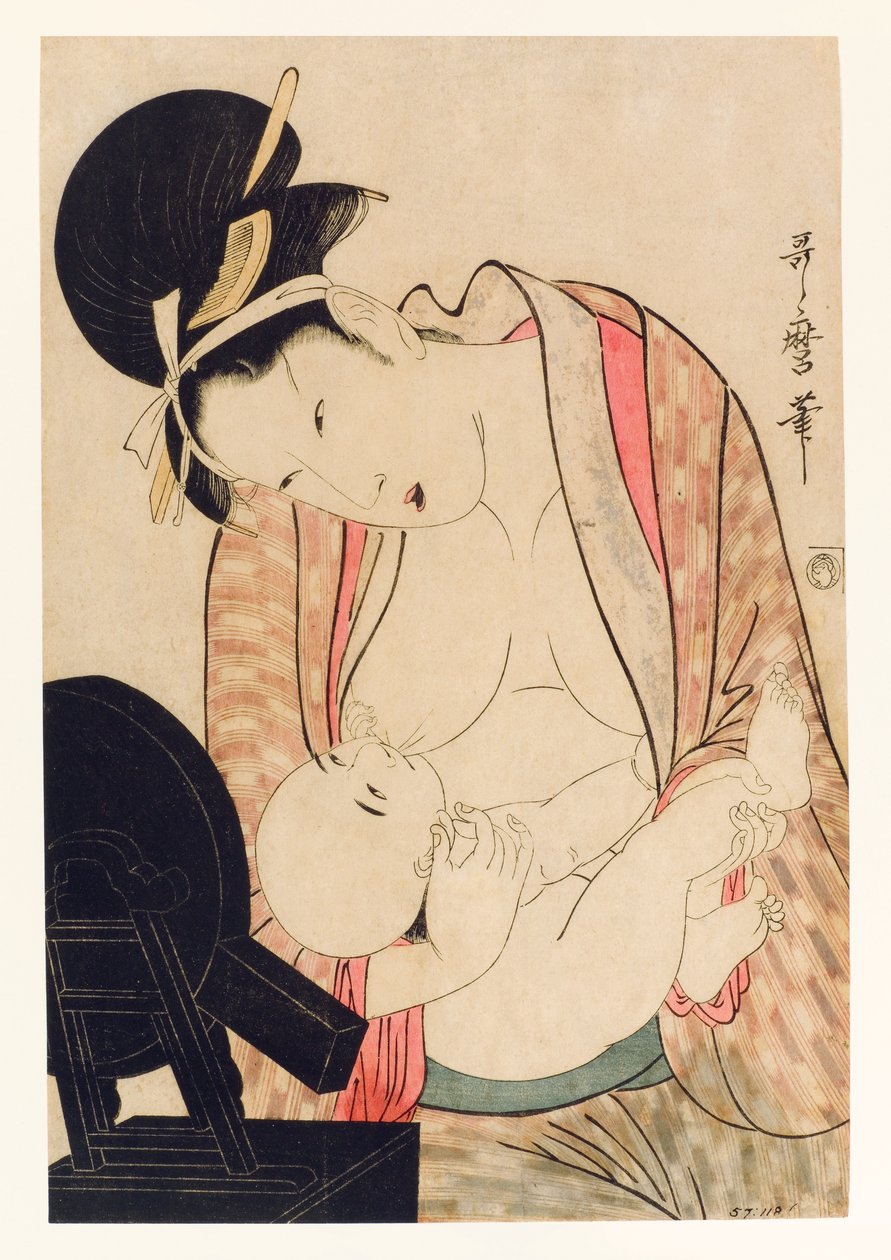 Matka kojící své dítě před zrcadlovým stojanem, cca 1800-04 (woodblock) od Kitagawa Utamaro
