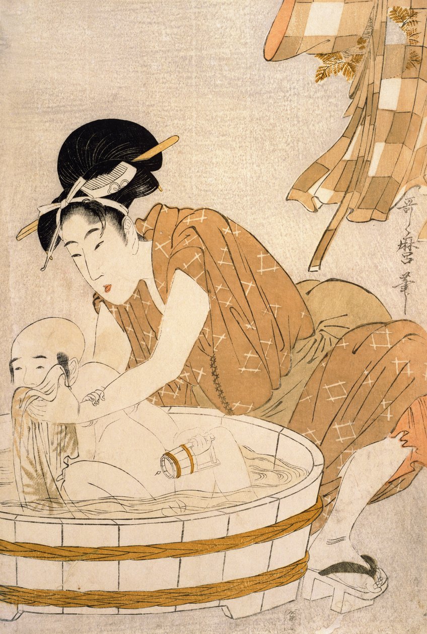 The Bath, Edo period (1603-1868) (barevný dřevotisk) od Kitagawa Utamaro