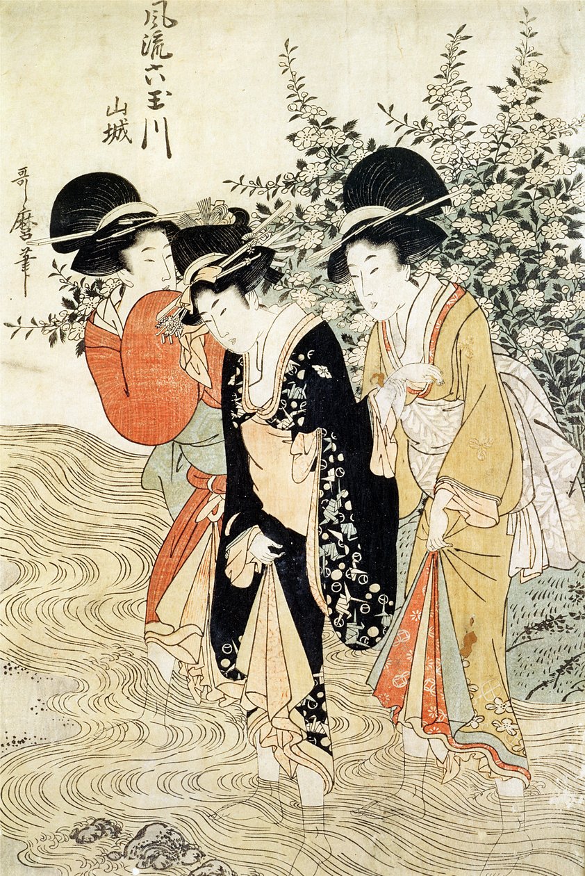 Tři dívky pádlující v řece z „Módních šesti drahokamových řek“, provincie Yamashiro, vydáno v roce 1790 (barevný dřevotisk) od Kitagawa Utamaro