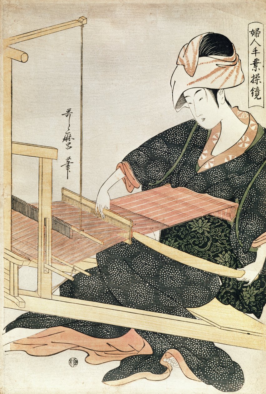 Žena tkaní (dřevěný tisk) od Kitagawa Utamaro