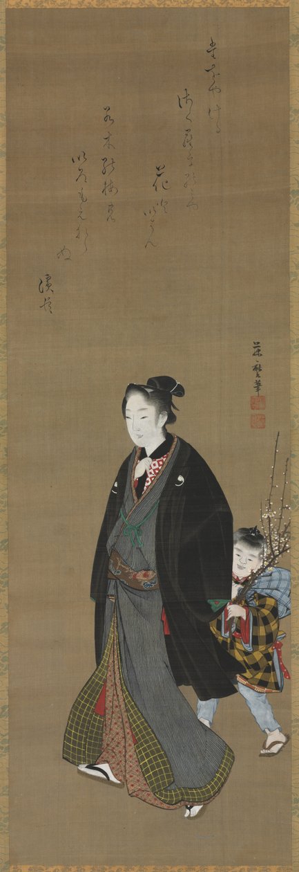 Muž na procházce s chlapcem nesoucím kvetoucí větev, c. 1810. od Kitagawa Fujimaro