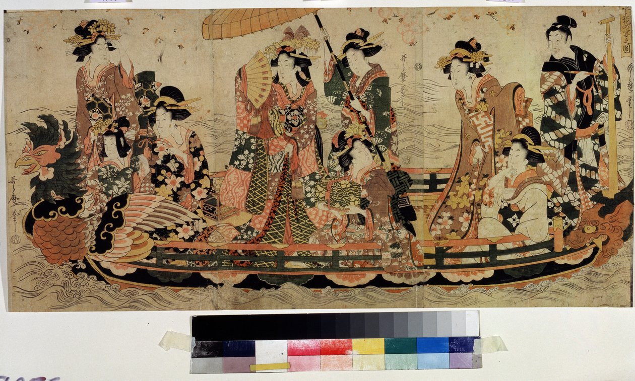 Obdivujte třešňové květy (Hanami) (Cherry Blossom Viewing, Hanami). Tisk Kitagawa Utamaro II (?-1831). Barevný lept, 37 x 76 cm. východní umění. Puškinovo muzeum, Moskva od Kitagawa II Utamaro