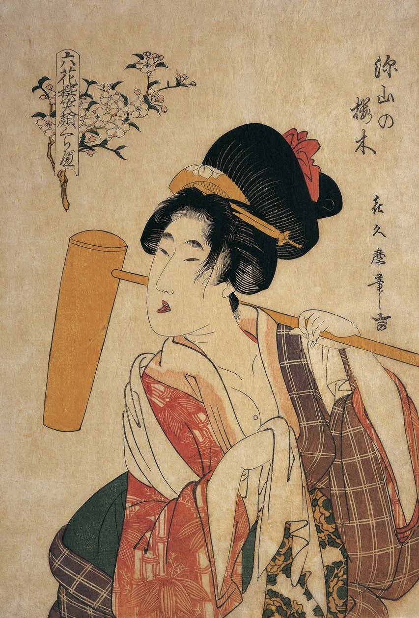 Detail mladé ženy s dřevěnou paličkou na rameni od Kitagawa Tsukimaro