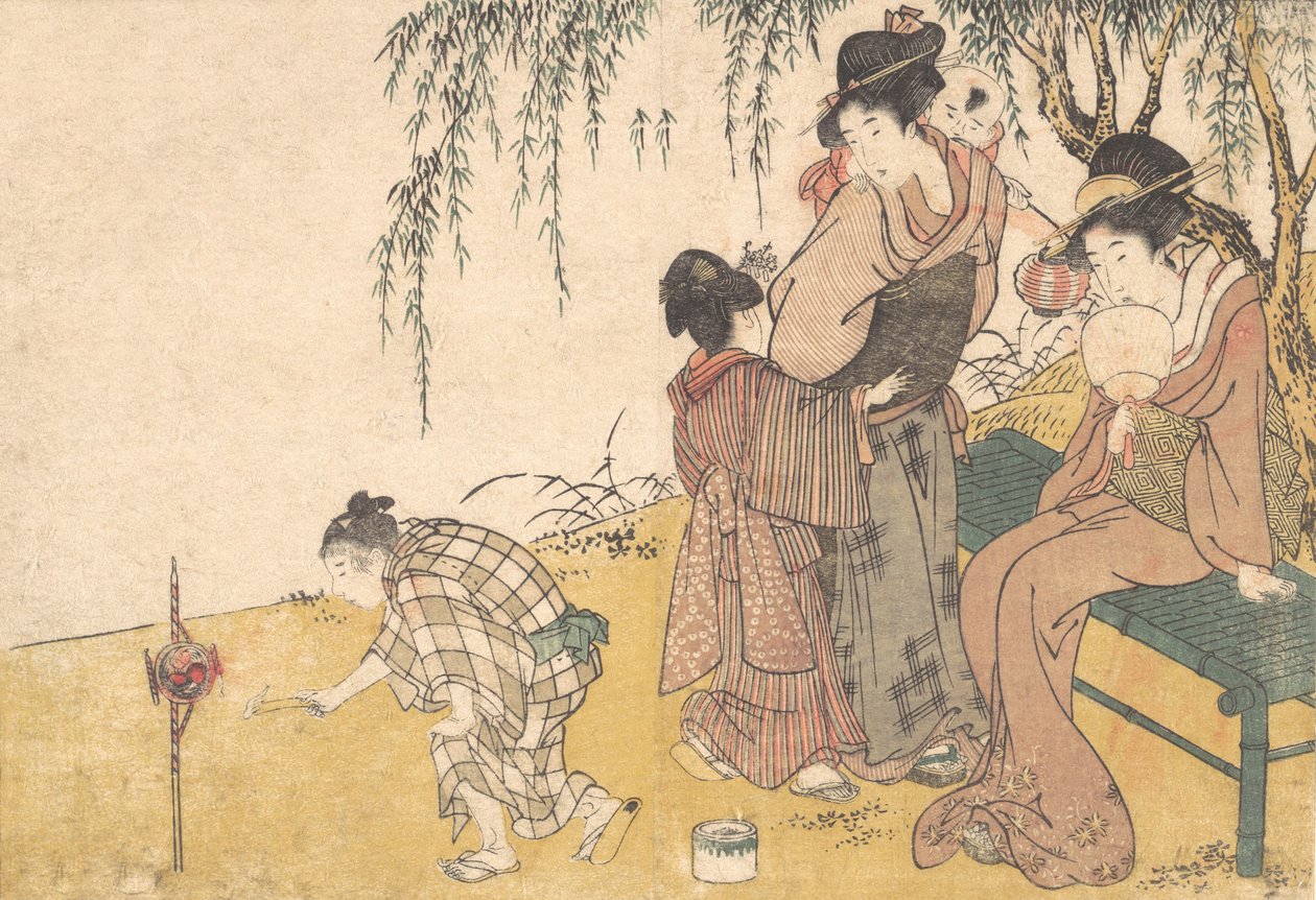 Ohňostroj A Child Lighting, z ilustrované knihy Flowers of the Four Seasons, 1801. od Kitagawa Utamaro