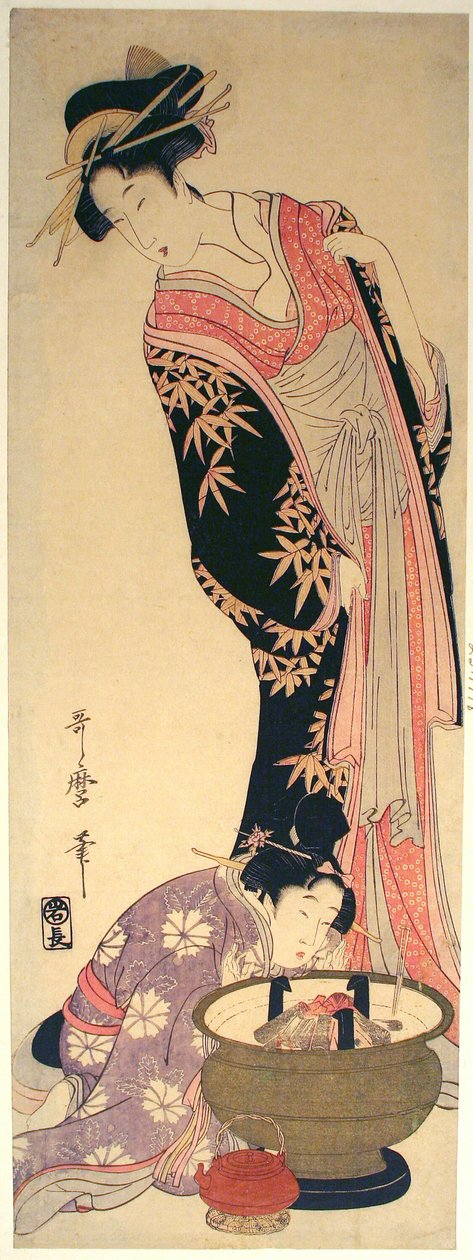Kurtizána a její obsluha od Kitagawa Utamaro