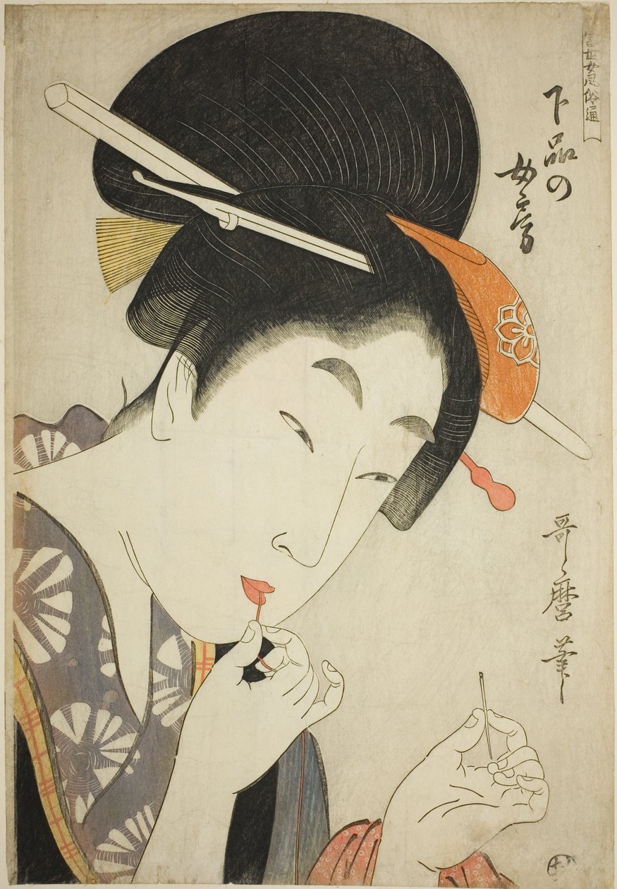 Manželka nižšího stavu (Gebon no nyobo), ze série "Průvodce současnými ženskými styly (Tosei onna fuzoku tsu)". od Kitagawa Utamaro