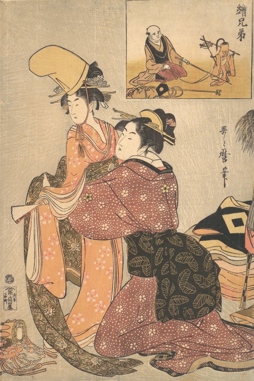 Žena, která obléká dívku pro tanec Kabuki „Musume Dojoji..., ca. 1795-96. od Kitagawa Utamaro