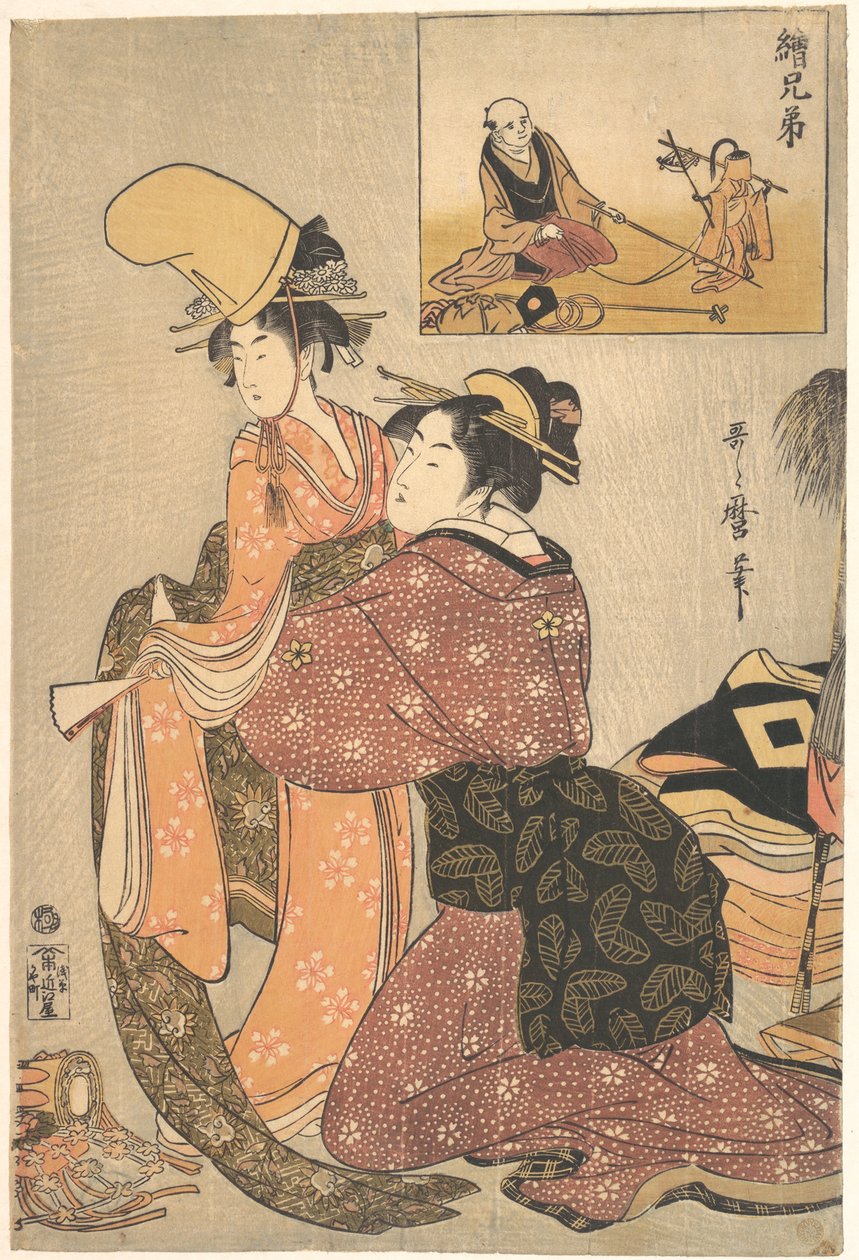 Žena oblékající dívku pro kabuki tanec „Musume Dōjōji“ s „bratrským obrazem“ (E-kyōdai) cvičitele opic od Kitagawa Utamaro