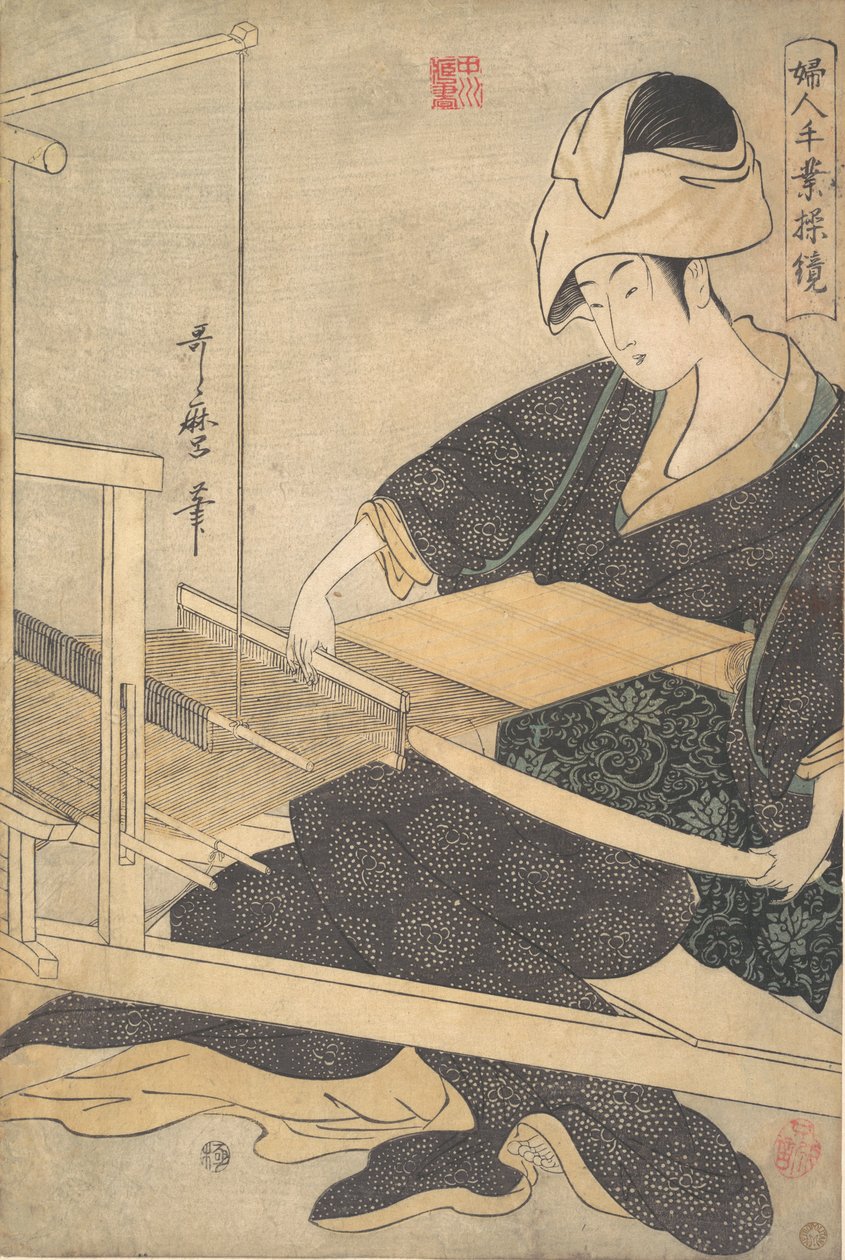 Žena tkající, sedící u ručního tkalcovského stavu, ca. 1796. od Kitagawa Utamaro
