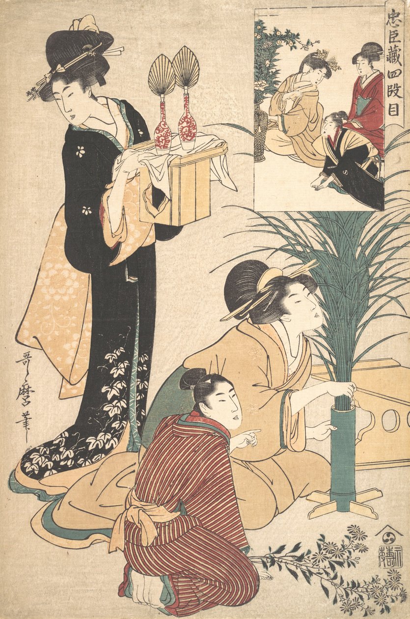 Žena a muž aranžující květiny pro festival Měsíce Tsukimi, 1802. od Kitagawa Utamaro