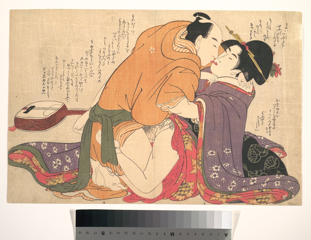 Pár, který se miluje vedle šamisenu, ilustrace z knihy „Rozplétání nití touhy“ (Negai no ito-guchi) od Kitagawa Utamaro