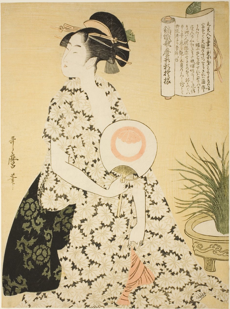 Kráska v letním kimonu ze série „Nové vzory brokátu tkané ve stylu Utamaro“ („Nishiki-ori Utamaro-gata-shinmoyo“) od Kitagawa Utamaro