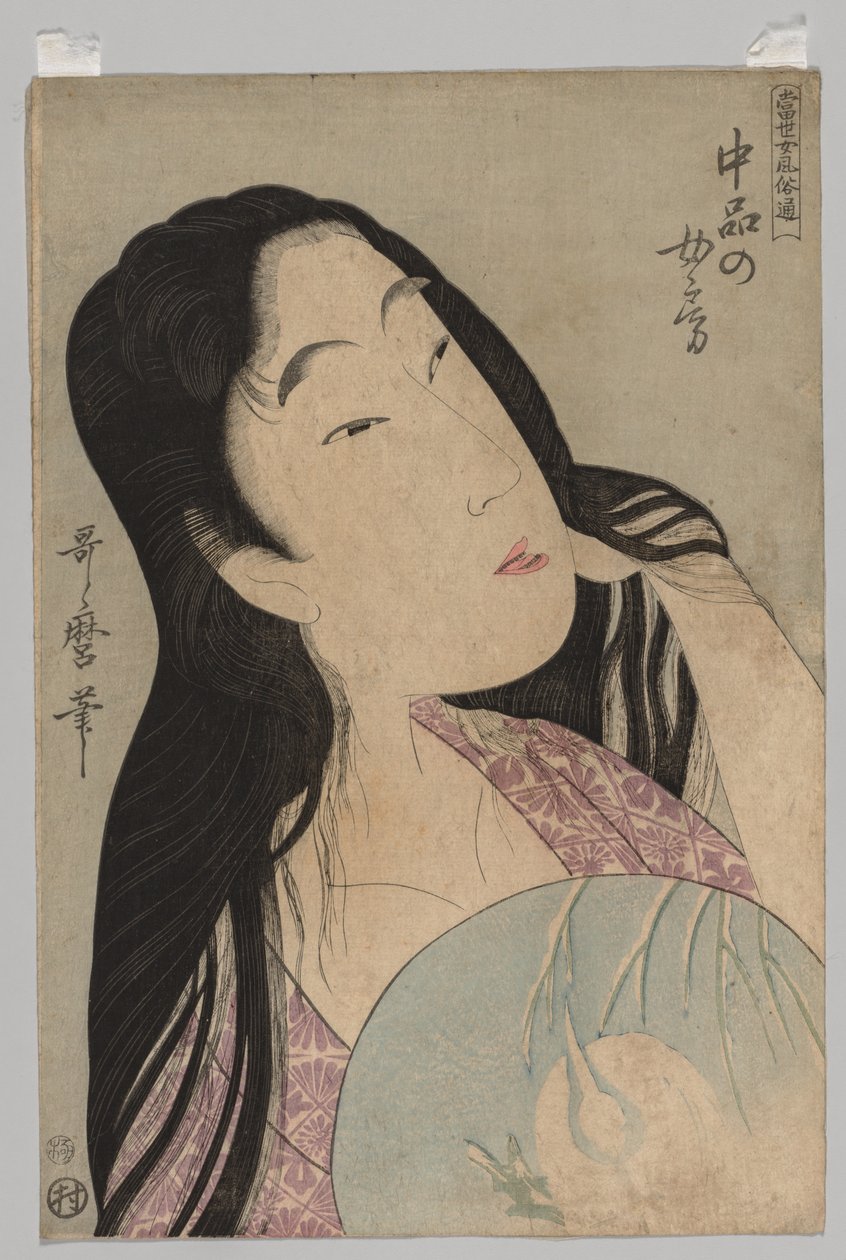 Busta ženy s vějířem držícím rozpuštěné vlasy, 1753-1806. od Kitagawa Utamaro