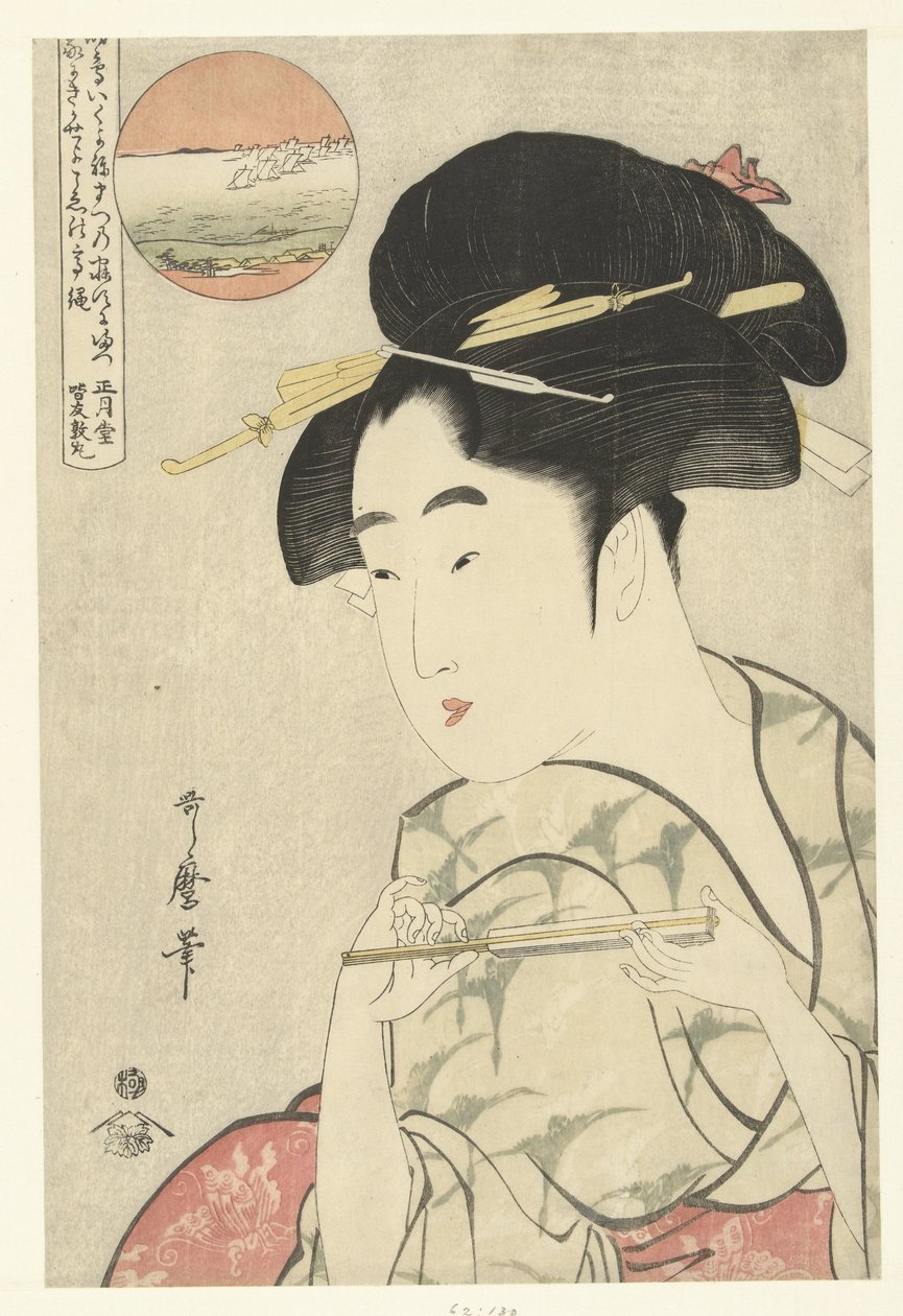 Poprsí portrét mladé ženy s ventilátorem od Kitagawa Utamaro
