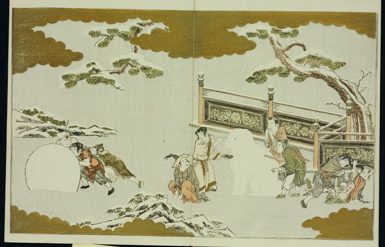 Děti dělají sněhovou shishi a koulejí sněhovou kouli, ze "The Silver World" od Kitagawa Utamaro