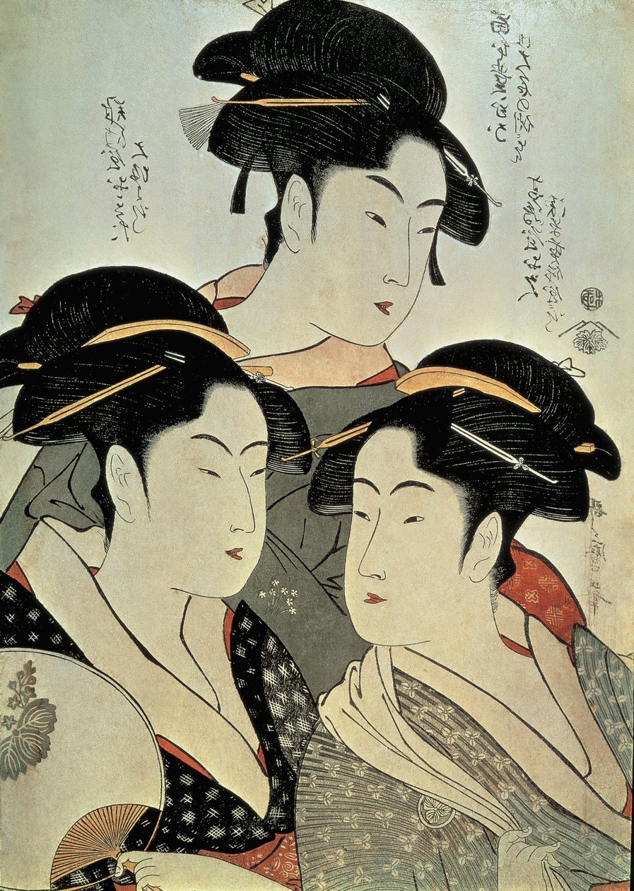 Detailní záběr na obraz tří žen, Kitagawa Utamaro, éra Kansei, Japonsko od Kitagawa Utamaro