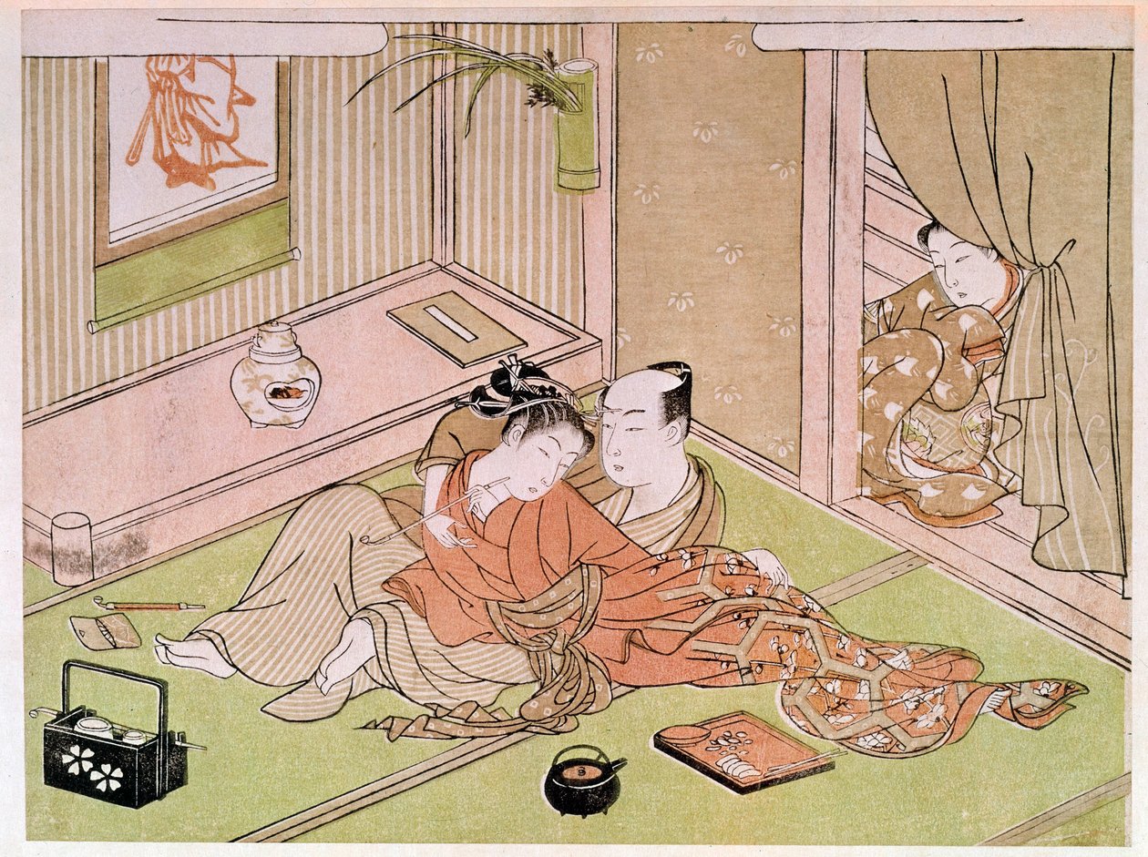 Pár se mazlí pod pohledem japonského tisku Utamaro Kitagawy (1753-1806). 18. století. Paříž, Guimetovo muzeum, Národní muzeum asijského umění od Kitagawa Utamaro