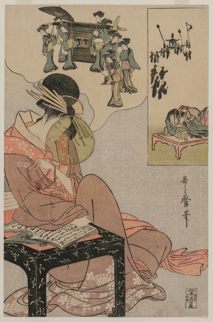 Kurtizána snící o svatebním průvodu, konec 90. let 17. století (barevný dřevoryt) od Kitagawa Utamaro