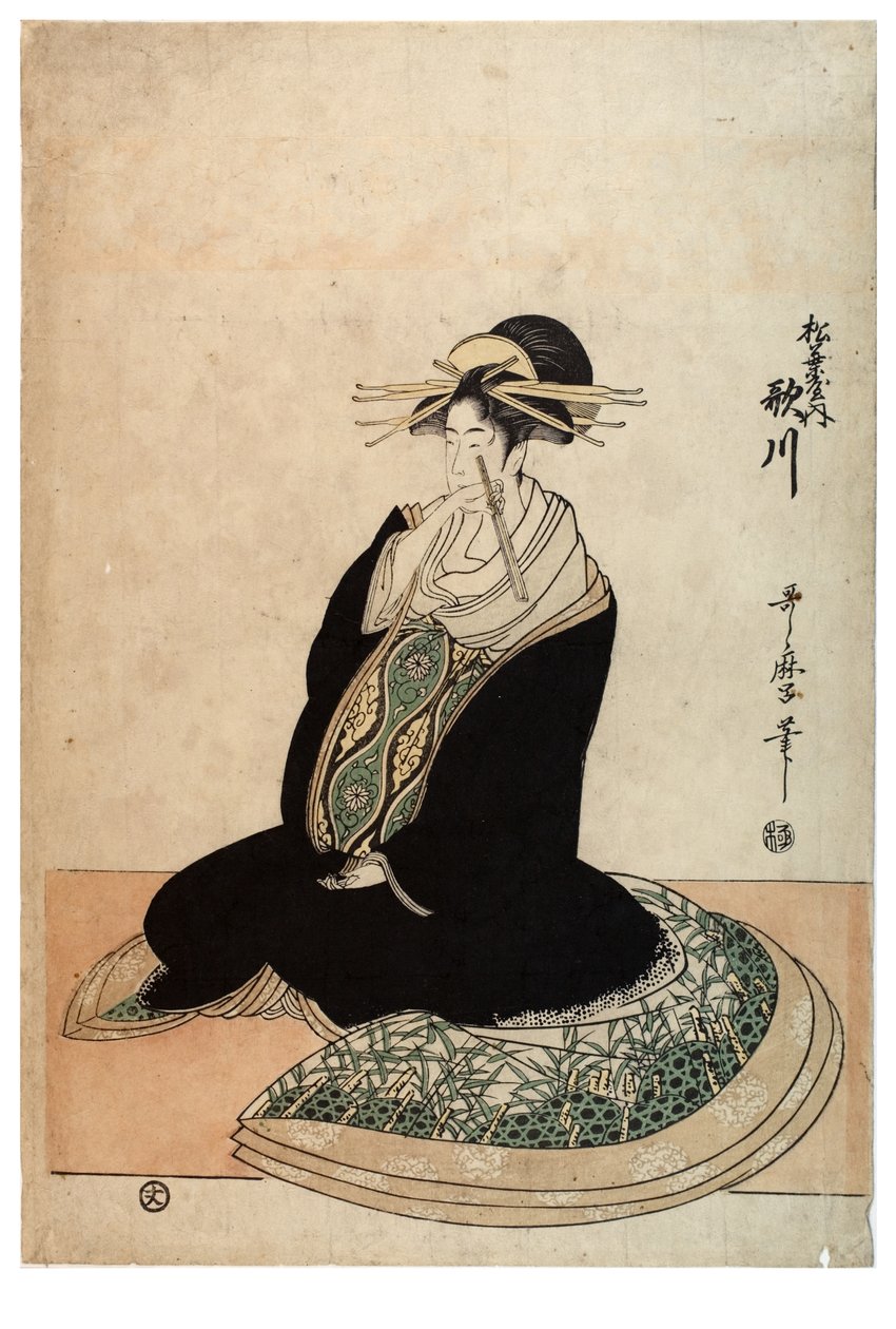 Kurtizána Utagawa z nevěstince Matsubaya, kolem 1758-1806 (dřevotisk na papíře) od Kitagawa Utamaro