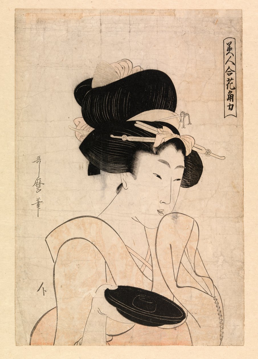Kurtizána drží pohár saké, kolem 1790-1806 (barevný dřevoryt) od Kitagawa Utamaro