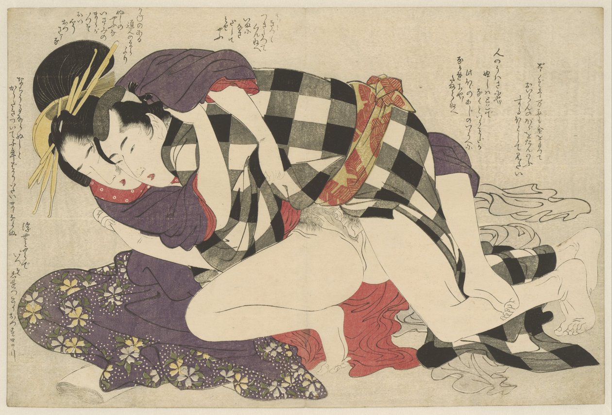 Kurtizána s klientem Hoogeplaatste courtisane met klant Negai no itoguchi (název série) od Kitagawa Utamaro