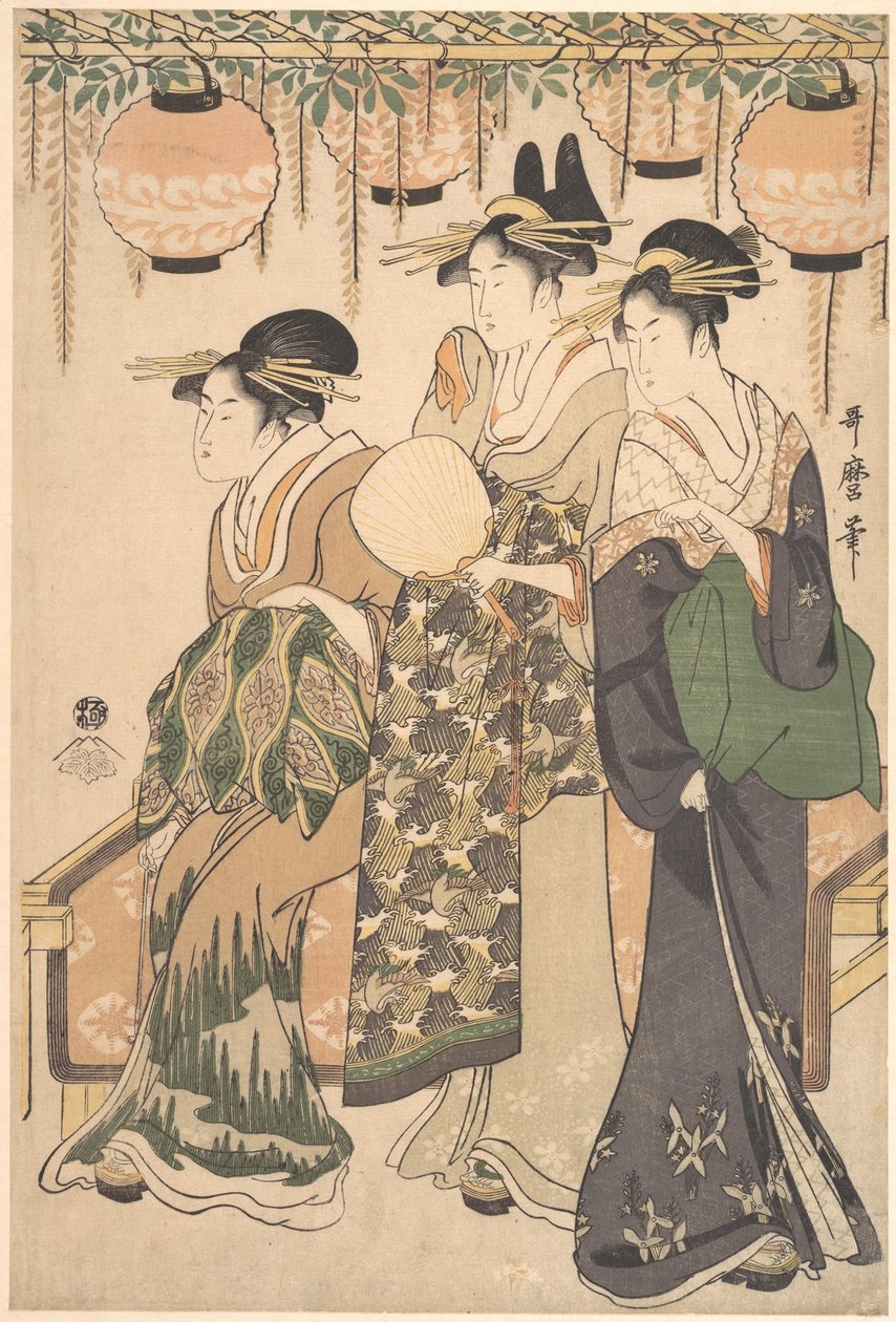 Kurtizány pod pergolou s vistáriemi od Kitagawa Utamaro